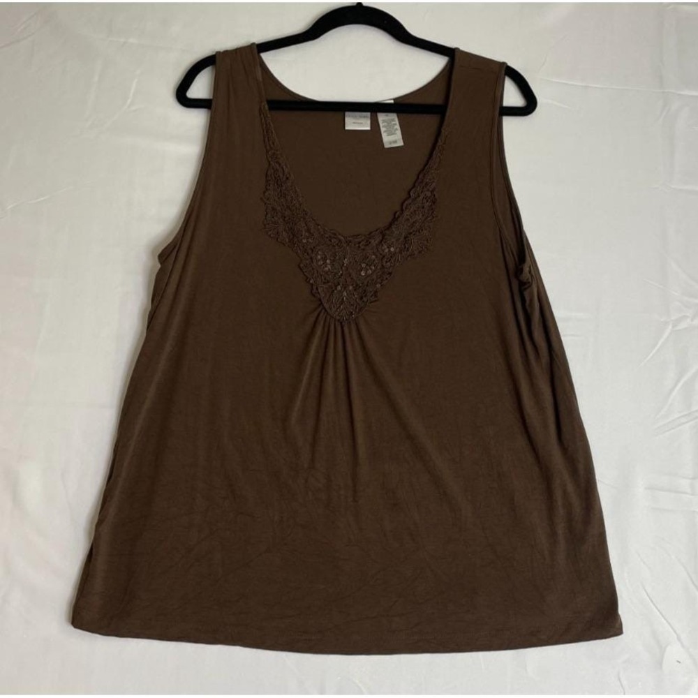 Emma James Womens 2X Tank Top Brown Lace Trim V Neck Sleeveless Sequin Stretch